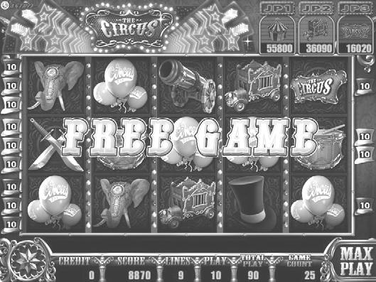 C. Free Game D. Jackpot 1. JP1: (Random JP) When player bets as JP MIN. Bet and hits more than 3 Circus-Camp symbols will award the JP1 Bonus.