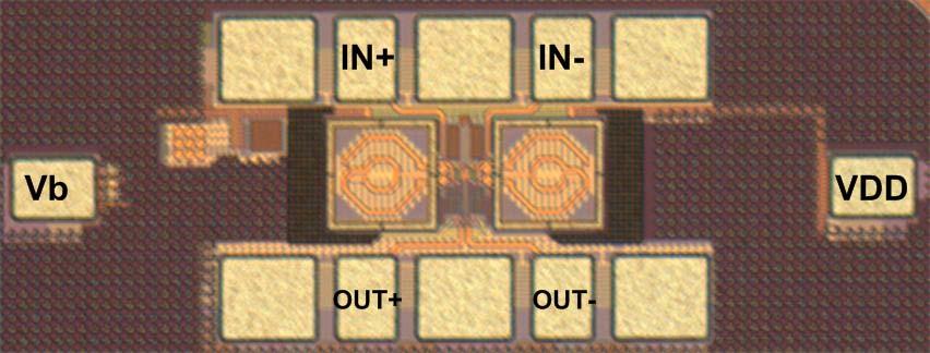 VDD respectively. The chip micrograph is shown in Fig. 4. The active area of the amplifier is 50 x 300 µm. R R L a L a Cb k OUT- OUT+ k Cb L b C C L b IN+ M M IN- Fig. 4. Chip micrograph of the broadband amplifier Fig.