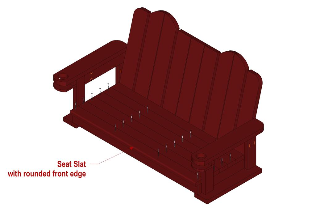 Apply glue to the top edge of the Stretchers and Seat End Rails, position one Seat Slat flush against the Back Slats, and attach to the Stretchers and Seat End Rails using 2 1/2-inch deck screws as