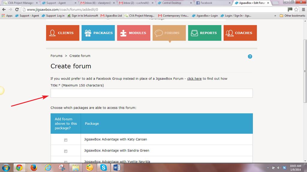 Now we will show you how to create your own Forum. First, click the Create Forum button. Next, add your Title for the Forum. It can be about your Package or about the type of clients you have.