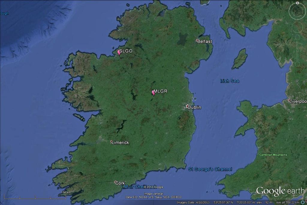 Figure 2-1: Location of Performance Monitoring Stations In this report, MLGR is used as the main site to provide performance monitoring across the whole of Irish airspace and SLGO is a back-up in