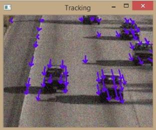 The results show that our tracking system can detect all of moving vehicles. However, there are small features from moving shadows which cannot be eliminated.