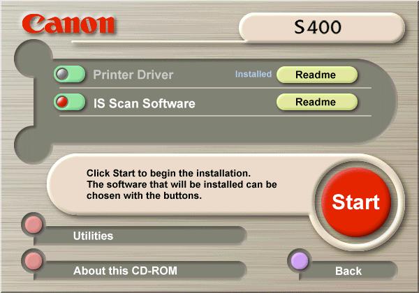 Installing the IS Scan Software 4 Make sure that the IS Scan Software button is red. Click IS Scan Software (if the button is not red), click the Start button. Check that this button is lit red.