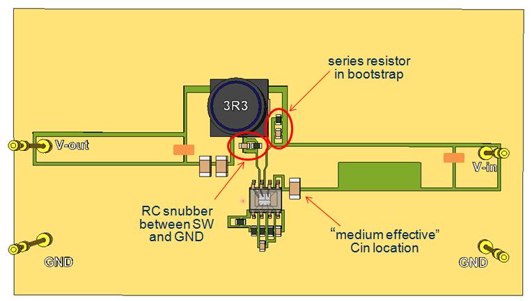 Reducing ringing by adding series resistance in bootstrap circuit and RC snubber. For this experiment, we use the double sided board with input capacitor location as shown in experiment 2.