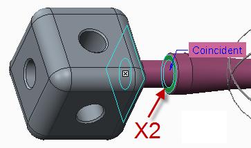 5. Adding a second assembly constraint: Click to select the flat surface of the cube that is closest to and facing the strut X1.