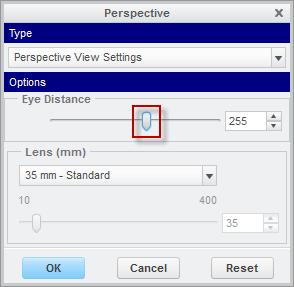 A default value for perspective will be applied. You will probably want to adjust the amount of perspective. In the Perspective group of the Render tab, click on to open the perspective dialog box.