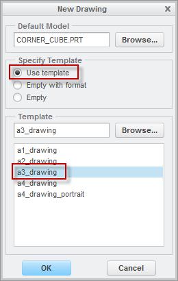 Starting a new drawing: In the Quick Access toolbar, click New to start a new file. In the New dialog box, click to select Drawing as the model type. Type Corner_cube in the Name field then click OK.