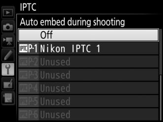 IPTC G button B setup menu IPTC presets can be created on the camera and embedded in new photographs as described below.