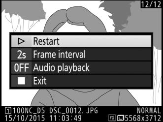The dialog shown at right is displayed when the show ends. Select Restart to restart or Exit to return to the playback menu.