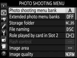 C The Photo Shooting Menu: Shooting Options To display the photo shooting menu, press G and select the C (photo shooting menu) tab.