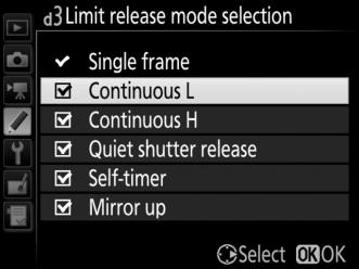 d3: Limit Release Mode Selection G button A Custom Settings menu Choose the options that can be accessed by pressing the S button and rotating the main command dial when the release mode dial is