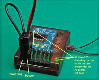 Binding 1. Insert a bind plug into the Bind/channel 7 slot. 2. With the transmitter turned OFF, apply power to the receiver.