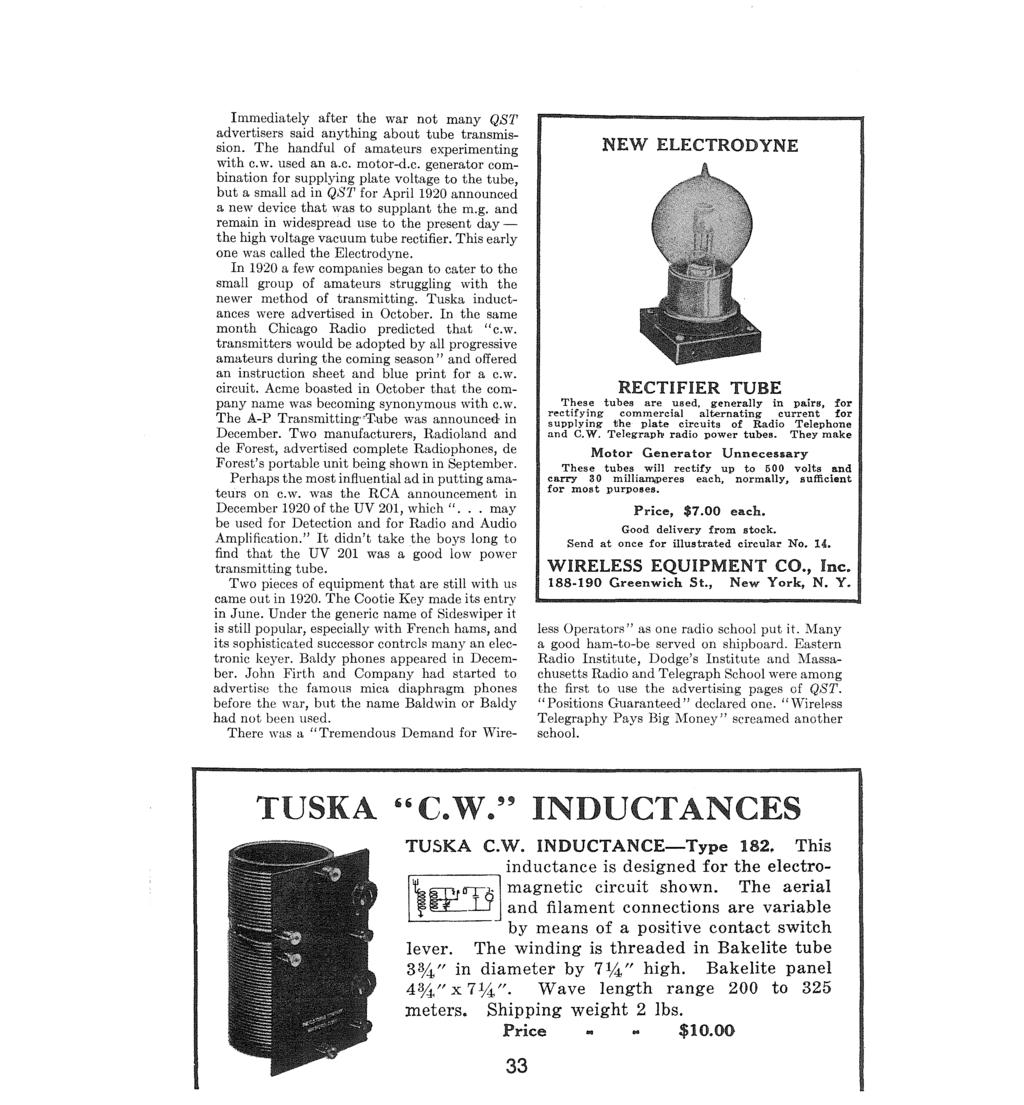Immediately after the war not many QST advertisers said anything about tube transmission. The handful of amateurs experimenting with c.w. used an a.c, motor-d.