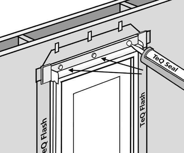 8. IF FLANGED DOOR, INSTALL THE SELF ADHERED FLASHING Use 4"or 6" OSI TeQ Flash to run the height of the door and extend up the head of the door another 4"or 6" (depending on size of flashing used