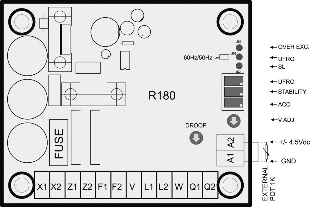 2 - AVR PARAMETERS UFRO selection link Open - 60 Hz operating mode. Closed - 50 Hz operating mode. UFRO potentiometer 45 Hz to 55 Hz in 50 Hz mode. 55 Hz to 65 Hz in 60 Hz mode.