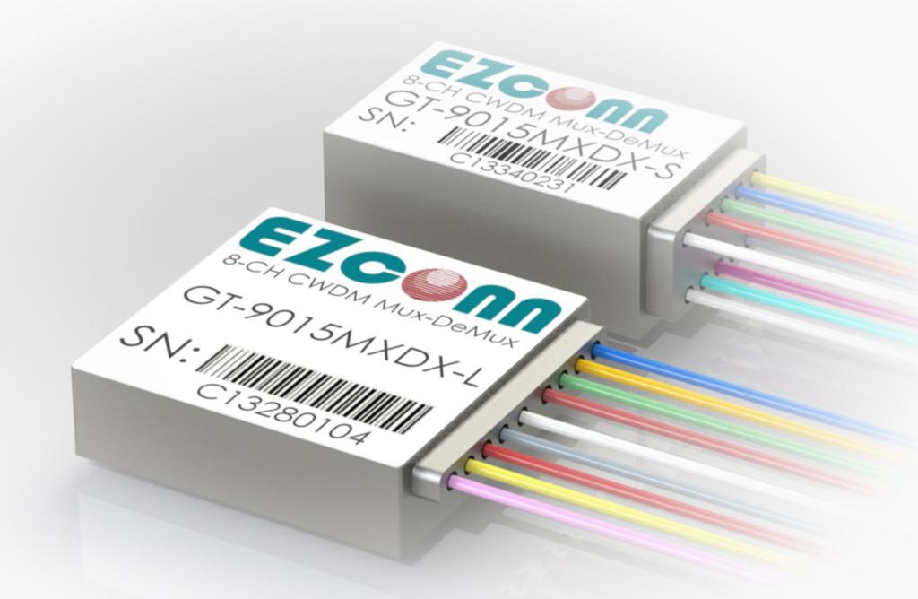 1 Description EZconn s GT-9015 module is an 8-Channel MUX/DeMUX designed for space limited transceiver modules, line cards and subsystems Based on thin film filters and free space packaging method,