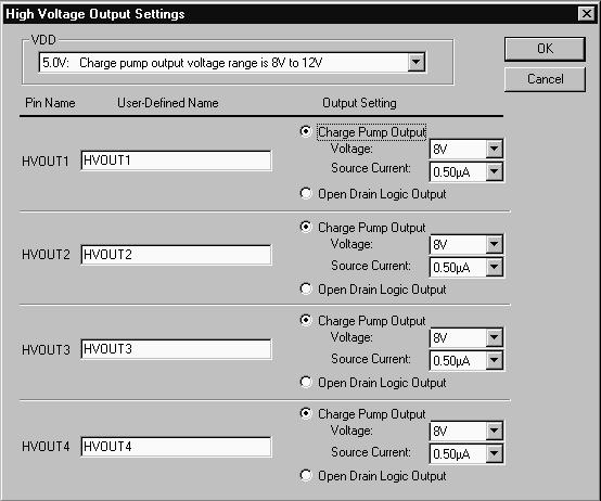Figure 3. High-Voltage Output Settings Dialog When a driver is set to charge-pump mode, a pair of drop-down list boxes are enabled.