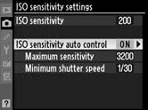 Auto ISO Sensitivity Control If On is selected for ISO sensitivity settings > ISO sensitivity auto control in the shooting menu, ISO sensitivity will automatically be adjusted if optimal exposure can