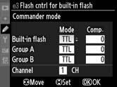 Commander Mode Use the built-in flash as a master flash controlling one or more remote optional SB-900, SB-800, SB-600, or SB-R200 flash units in up to two groups (A and B) using advanced wireless