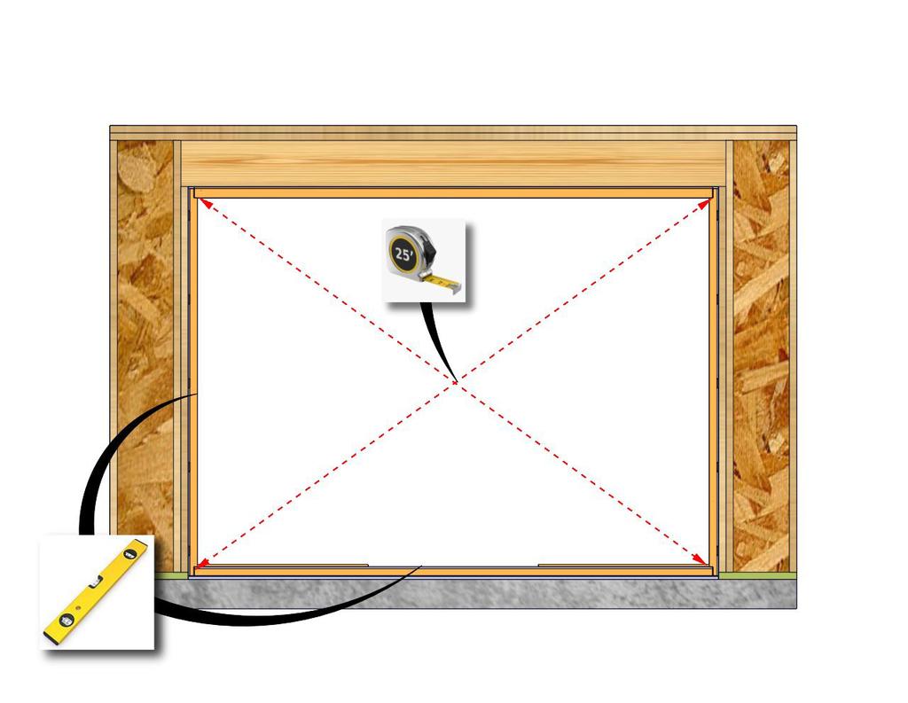 Step E-1: Door Frame Installation (continued) 1. Level at the sill and plumb the frame. Shim under the frame to bring to level in necessary. (Fig. 15) 2.