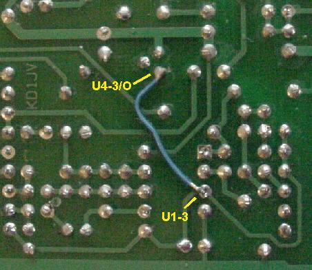 Connection of jumper from U4-3(output) to U1-3 required for missing 5V buss PCB trace. There was a mistake made when the board was laid out and the connection shown below was missed.