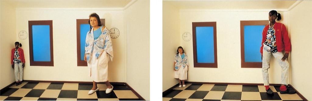 Size-Distance Relationship- Ames Room Both girls in the room are of similar height.