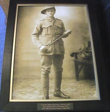 WW1 SOLDIER ALFRED JOHN EVANS Bob Armstrong, a relative of Alfred Evans, has donated a framed photograph of Alfred John Evans, in full military uniform.