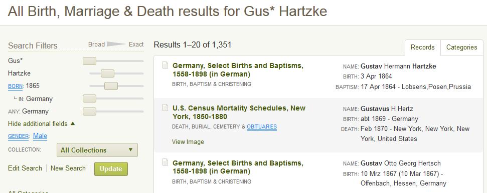 1. Return to the All Categories by clicking its link. 2. Select Birth, Marriage & Death category. 3.