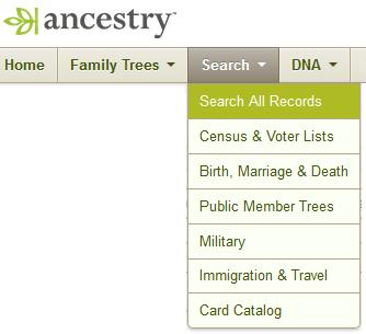 SECTION-1-2: ANCESTRY.COM - PUBLIC MEMBER TREES 1. Go to Ancestry.com. Hover over the Search tab with your mouse and select Search All Records. 2.