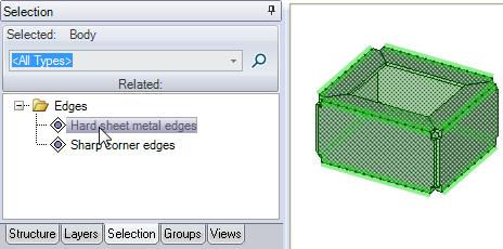 b. Click Hard sheet metal edges in the Selection panel: