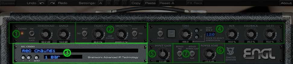 The Controls of the ENGL FX Rack (3) REC CHAINS: Simply select a speaker and a complete studio setup by browsing through the REC CHAINS pull-down menu!