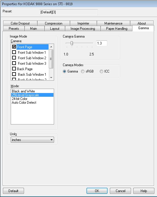 Gamma tab The Gamma tab provides the following options. Camera Gamma when the Camera Modes: Gamma is selected, you can use the slider to specify a specific camera gamma (1.0-2.5).