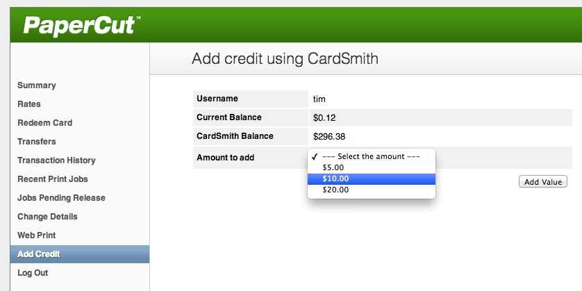 The user clicks Add Credit and selects the amount to transfer.