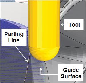 Finishing the Parting Surfaces The 3 Axis Parallel Finishing strategy is used for the parting surfaces. They are generated with GUIDE 1 & 4 displayed.