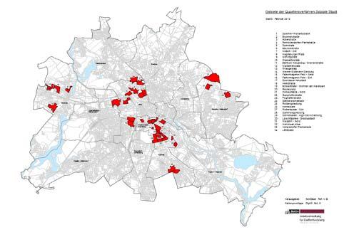 Figura 13: Cele 34 de zone din Berlin selectate pentru gestionarea cartierelor În Berlin, zonele sunt selectate cu ajutorul unui set de date granular de 12 indicatori statici și dinamici, care sunt