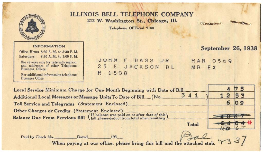 ILLINOIS BELL TELEPHONE COMPANY 212 W. Washington St., Chicago, Ill. Telephone OFF;c;a! 9100 Property of Mote Marine Laboratory, Sarasota, Florida. INFORMATION Office Hours 8:30 A. M. to 5:30 P. M. Saturdays 8:30 A.