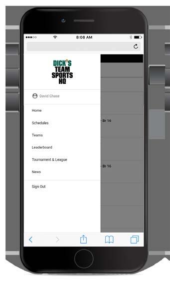 5. Once selected, a menu will appear. This menu will offer you the option to navigate Home, to Schedules, Teams, Leaderboard, Tournament & League, News, and the ability to Sign Out.