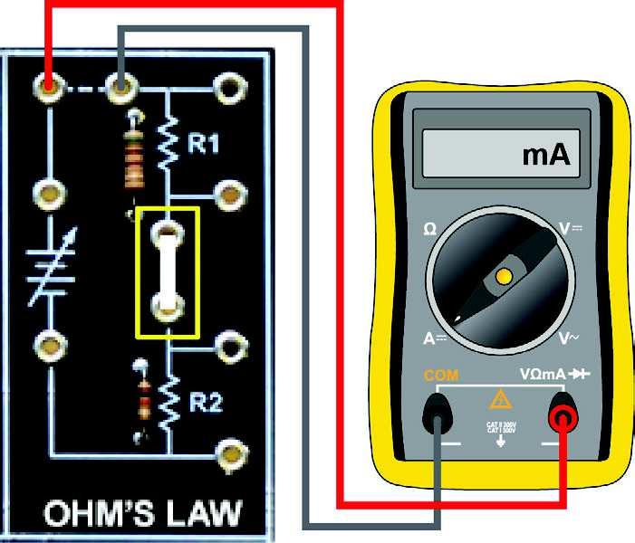 Set the multimeter to measure current. Connect the multimeter between the voltage source and R1.