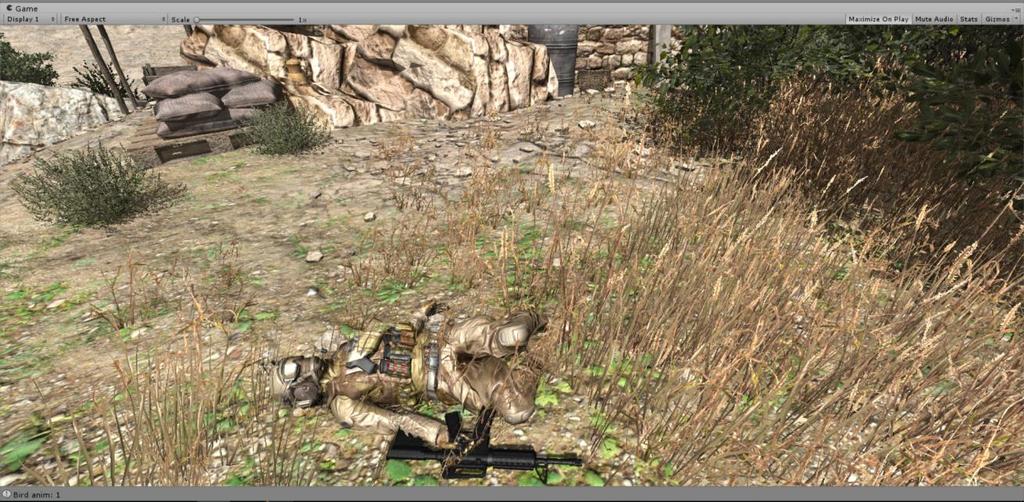 In Figure 9, it can be observed that it is the moment of a fellow soldier is getting shot by a random enemy. In a certain part of the scenario, this event is planned to occur.