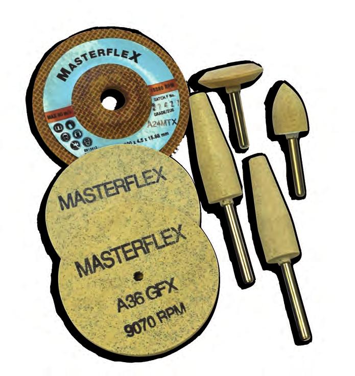 MASTERFLEX products can be manufactured in grit sizes and grades to suit applications, with GFX as the soft latex bonded material for blending and finishing, and MTX as the hard resin bonded grade