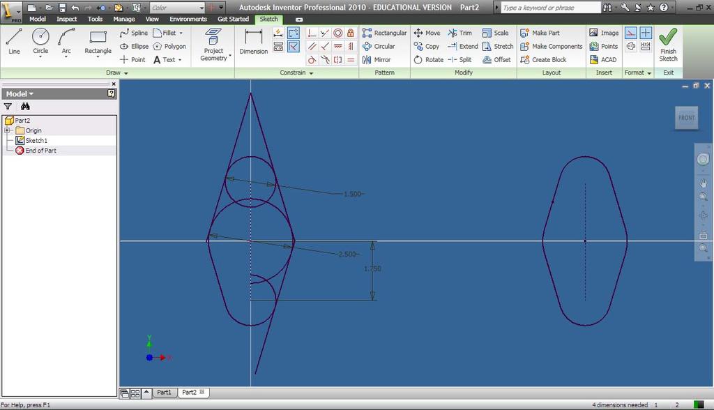 3. Press Finish Sketch and extrude the part ½ inch. 4. Define the centers of the small side holes 4.1. Create a sketch on the large face and look at it. 4.2.