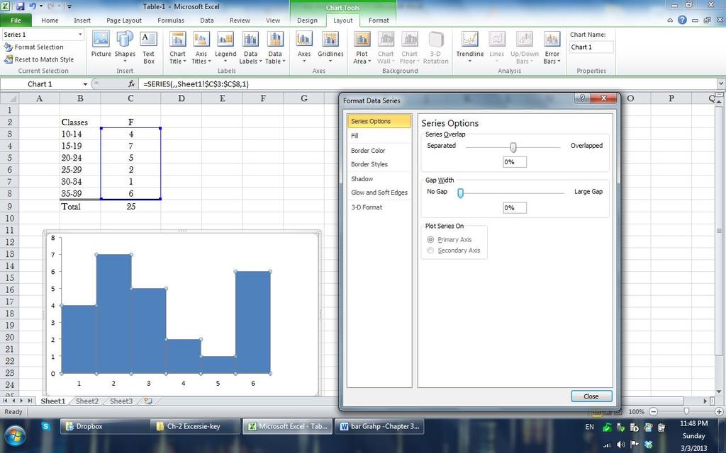 Select the cells that represent the frequency and construct a bar chart. b. Click on any one of the bars> right click Format data series Move the gap to No Gap c.