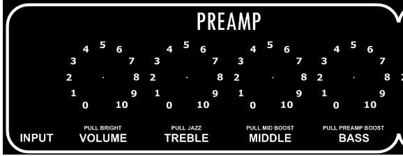 Preamp Section: PREAMP-The Preamp section sets up your input gain and basic clean tone. INPUT JACK- High Impedance input will not load pickups and is extremely pedal friendly.