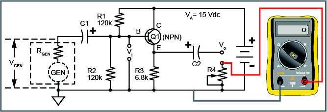 With a two-post connector, connect R4 to C2. Turn the knob on R4 counter-clockwise (CCW) until V o is exactly half of V i (35 mv pk-pk ).