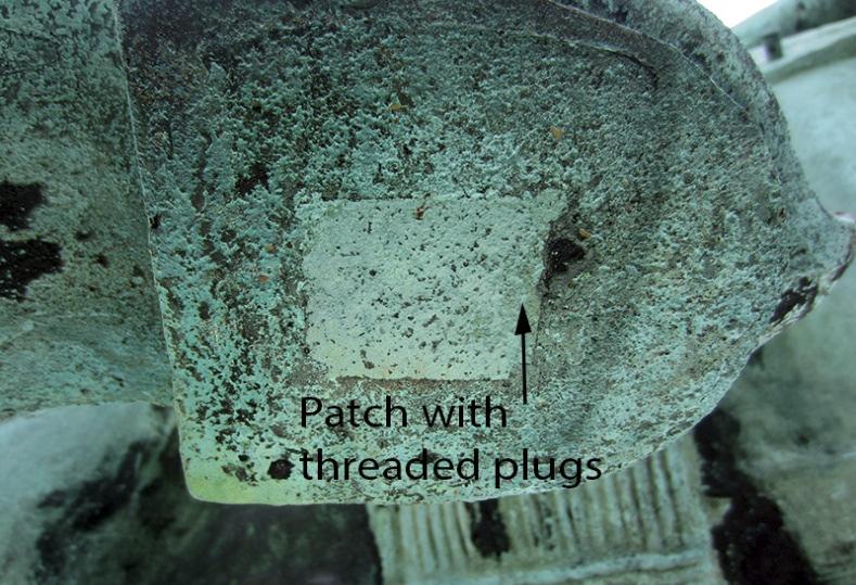 Patches and Plugs On historical bronze castings smaller voids were drilled out and a threaded plug was made from