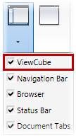 Access ViewCube Navigation Bar: ViewCube Ribbon: View tab > Windows panel > Toggle Visibility of the User Interface Elements > ViewCube Access ViewCube Options Ribbon: Tools tab > Application Options