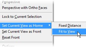 2. With the model in the desired orientation, right-click anywhere in the ViewCube. Click Set Current View as Home, and select Fixed Distance or Fit to View. 3.