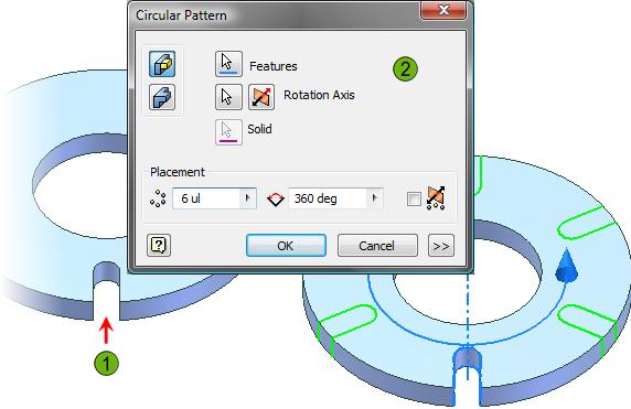 Original slot feature. Circular pattern being created to duplicate the slot feature in a precise and easily editable manner.