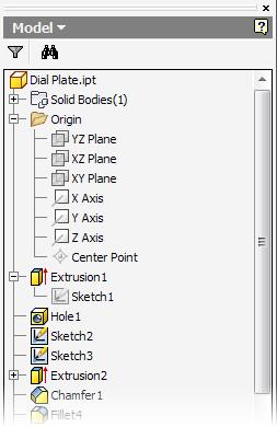 Part Features on Ribbon Model Tab: Displays part modeling tools while in part modeling mode. Browser: Displays the feature history for the part or assembly.