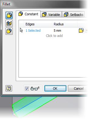 6. Click Model tab > Create panel > Fillet. In the graphics window, select the inside edge.